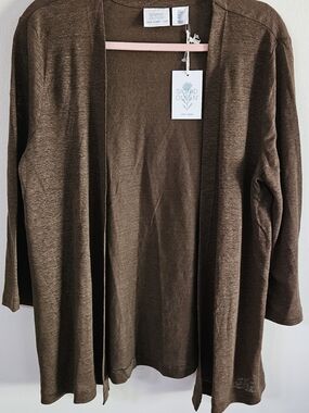 Sigrid Olsen Brown Open-Front Women's Cardigan. Linen. Fall, Cozy, Office
